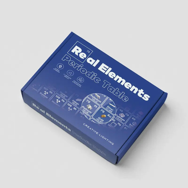 Illuminated periodic table display with 83 real element samples in crystal-clear acrylic with warm LED lighting and natu 9