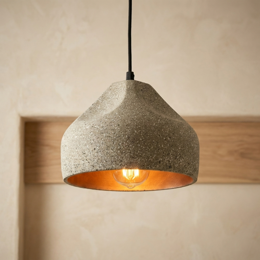 Stylish industrial cement pendant light with warm copper interior.