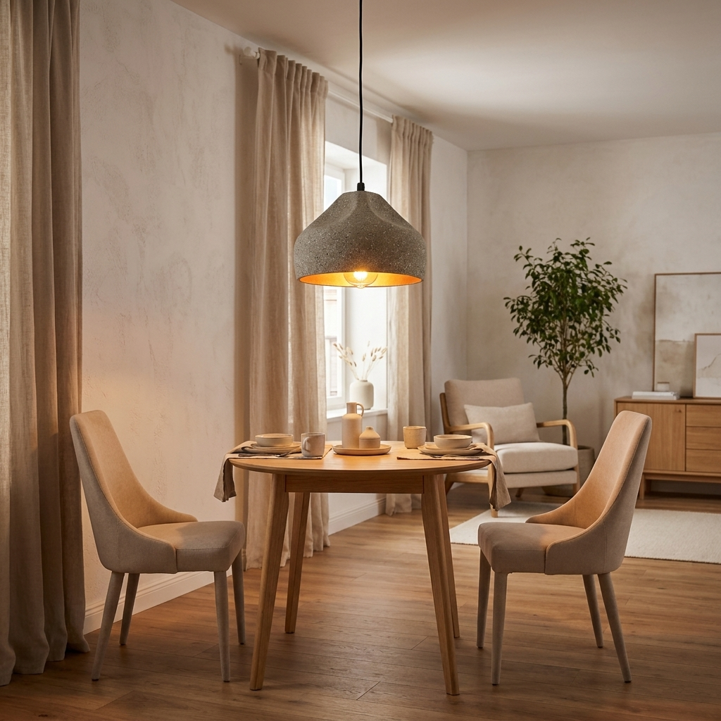Stylish industrial cement pendant light with warm copper interior. 2