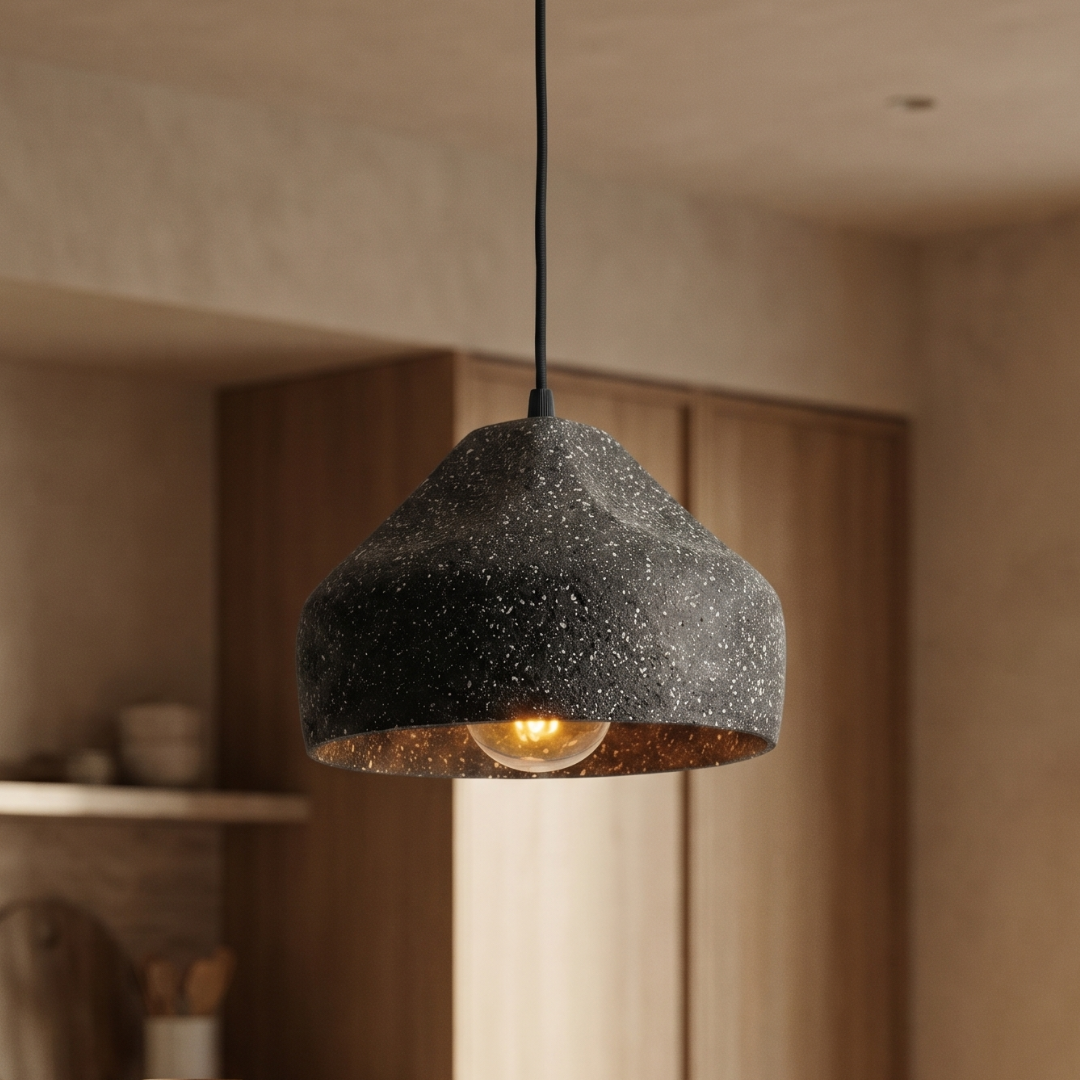Stylish industrial cement pendant light with warm copper interior. 3