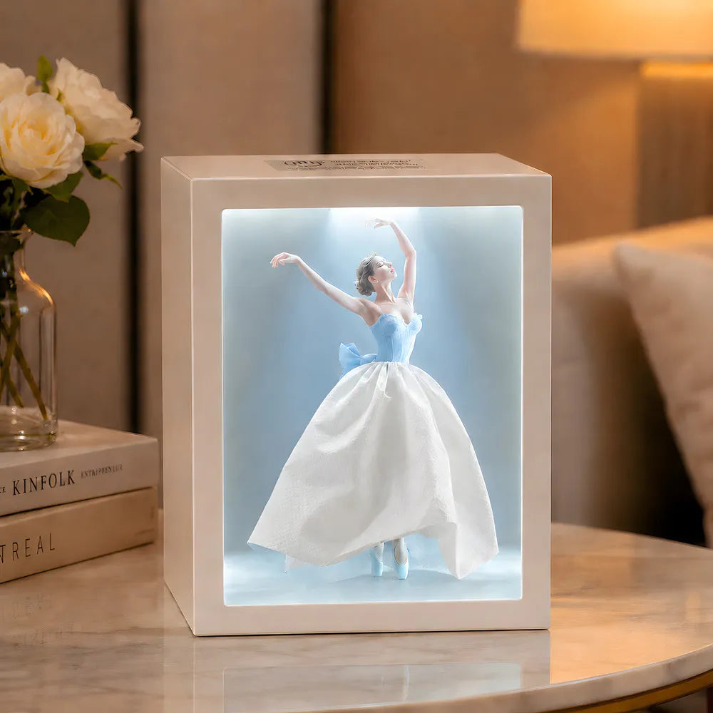 Interactive artistic tissue box with touch-sensitive ambient glow lighting and fashion-inspired illustration design