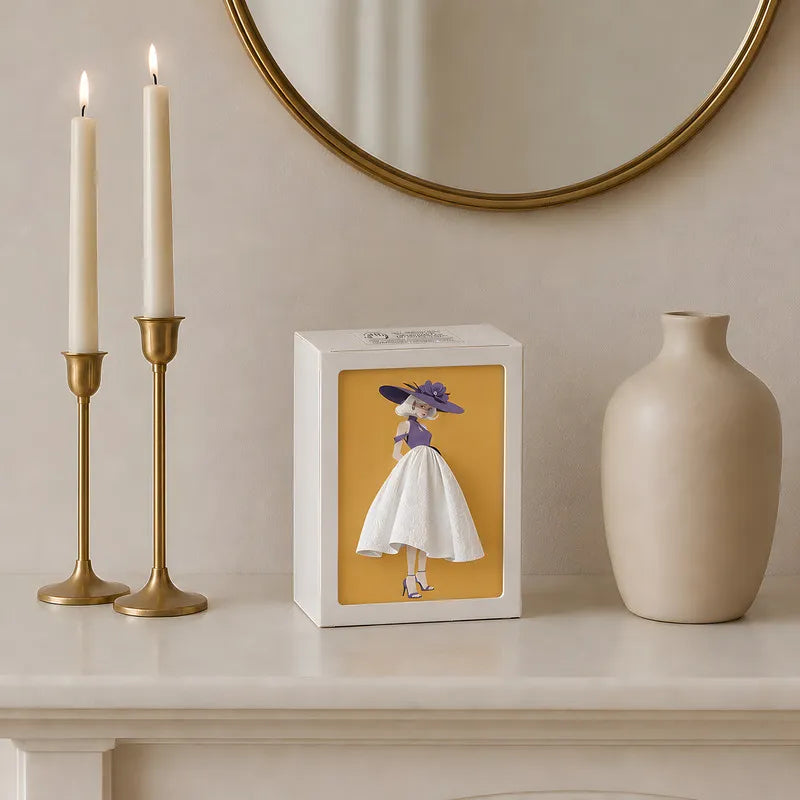 Interactive artistic tissue box with touch-sensitive ambient glow lighting and fashion-inspired illustration design 10
