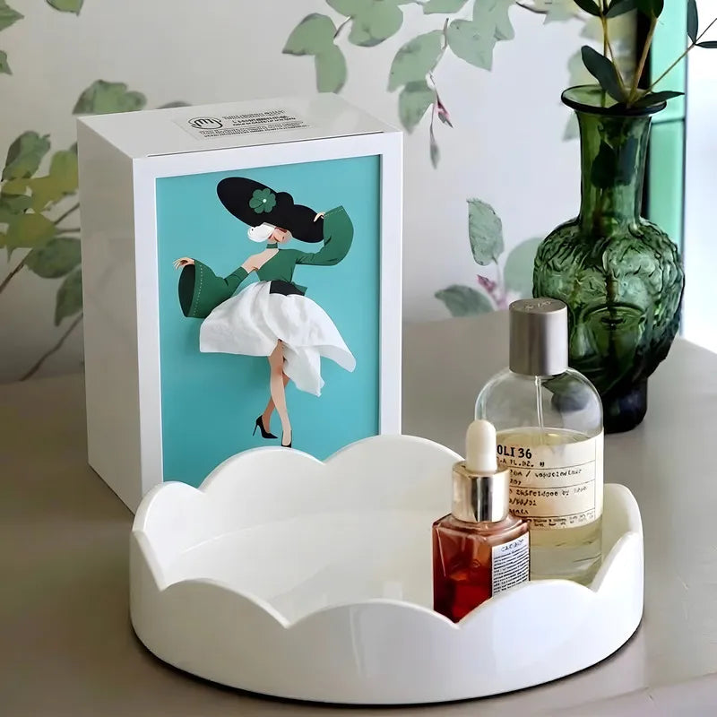 Interactive artistic tissue box with touch-sensitive ambient glow lighting and fashion-inspired illustration design 12
