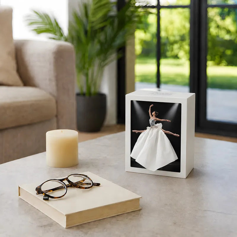 Interactive artistic tissue box with touch-sensitive ambient glow lighting and fashion-inspired illustration design 16