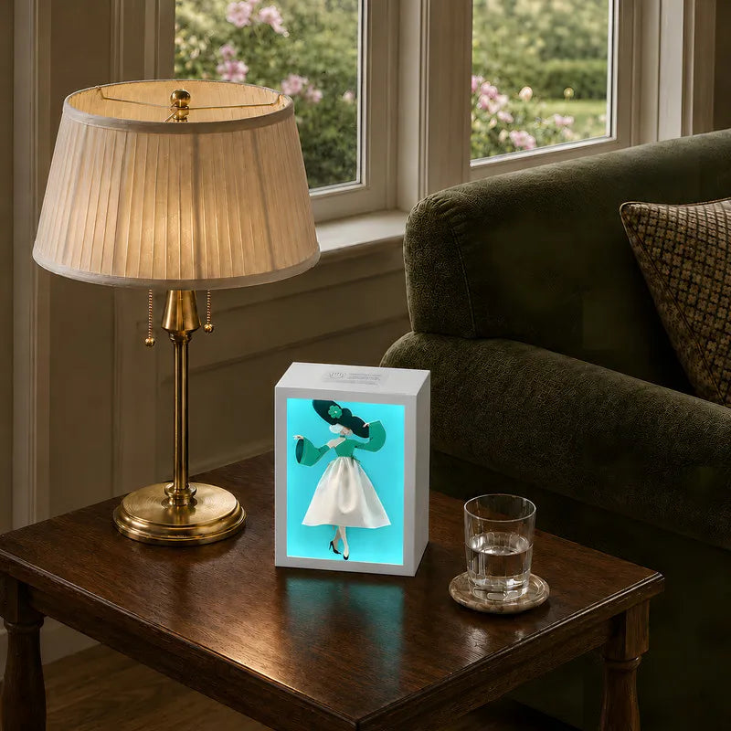 Interactive artistic tissue box with touch-sensitive ambient glow lighting and fashion-inspired illustration design 17