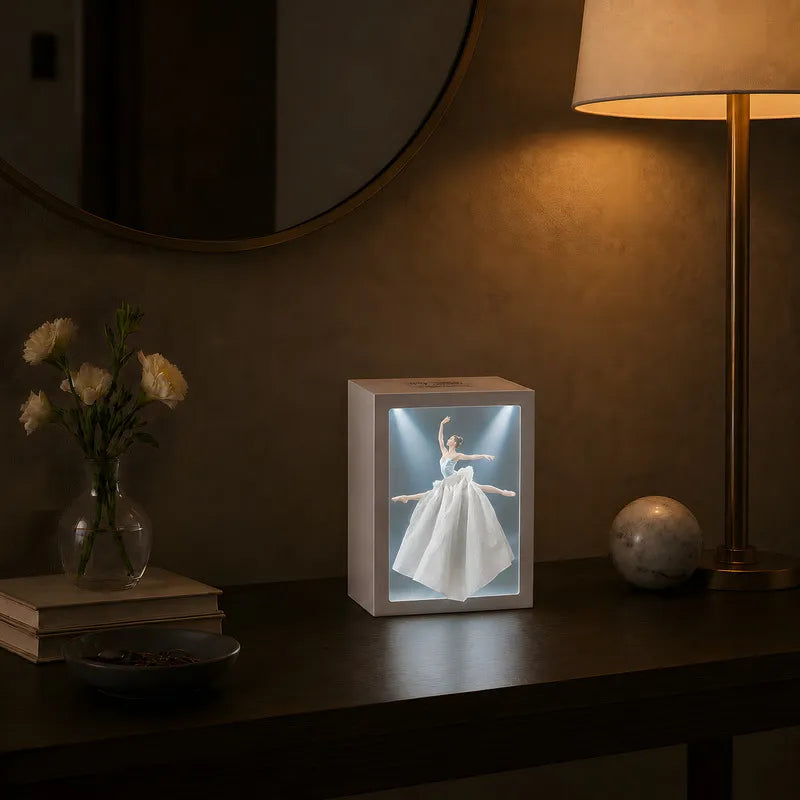 Interactive artistic tissue box with touch-sensitive ambient glow lighting and fashion-inspired illustration design 4