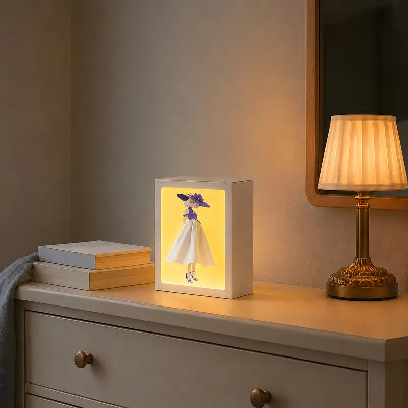 Interactive artistic tissue box with touch-sensitive ambient glow lighting and fashion-inspired illustration design 5