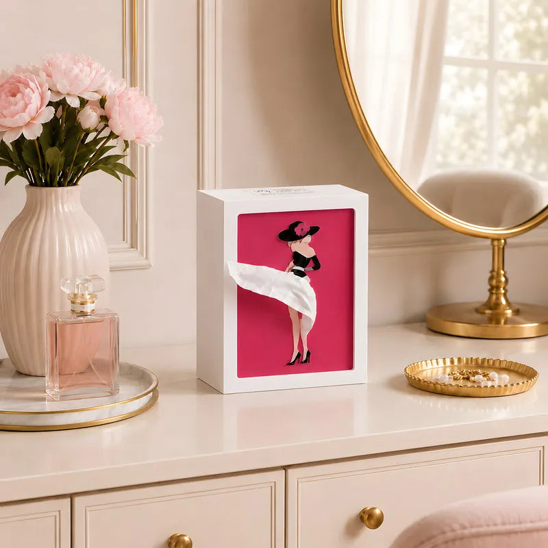 Interactive artistic tissue box with touch-sensitive ambient glow lighting and fashion-inspired illustration design 8