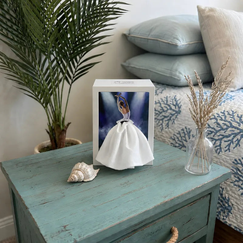 Interactive artistic tissue box with touch-sensitive ambient glow lighting and fashion-inspired illustration design 9
