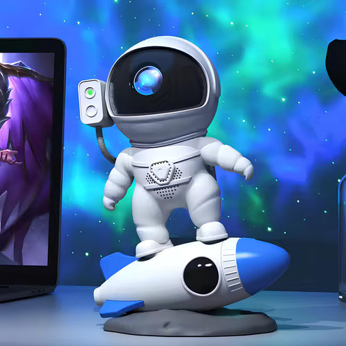 Interactive Astronaut Projection Light with rocket design projecting galaxy scenes and cosmic visuals