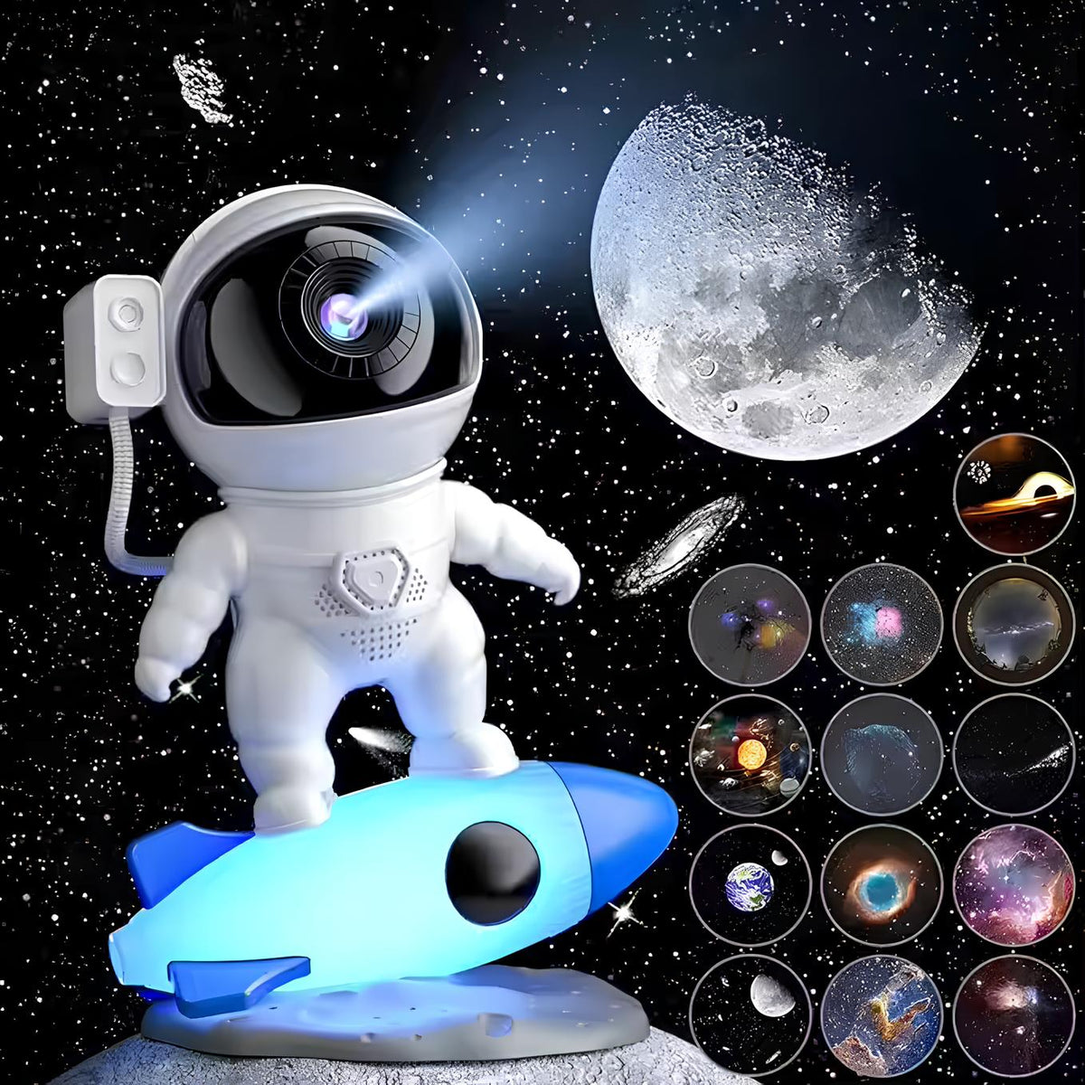 Interactive Astronaut Projection Light with rocket design projecting galaxy scenes and cosmic visuals 3