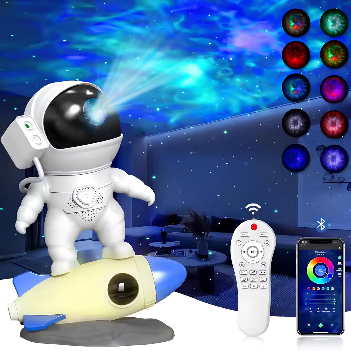 Interactive Astronaut Projection Light with rocket design projecting galaxy scenes and cosmic visuals 4