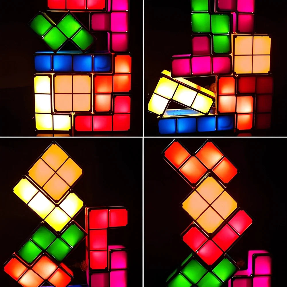 Interactive Tetra Blocks Light - seven colorful stackable LED blocks forming glowing composition 11