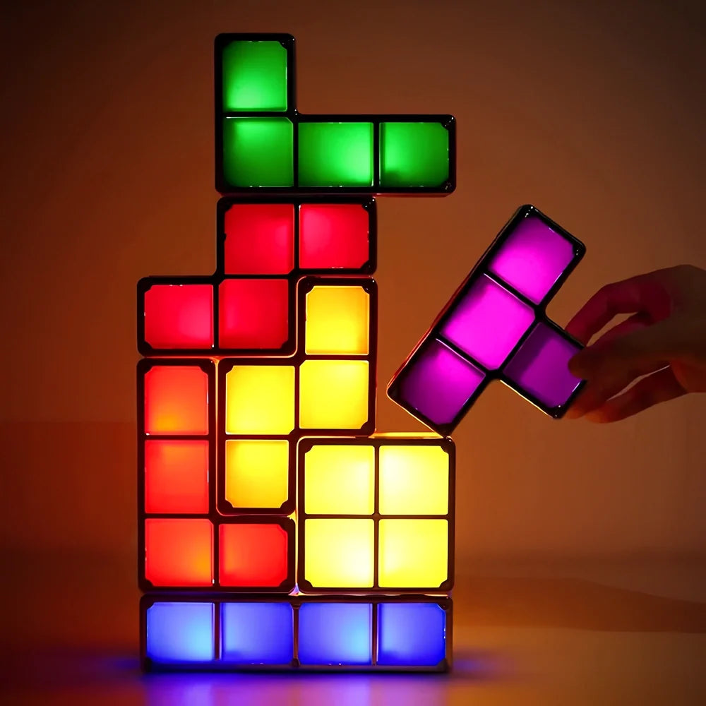 Interactive Tetra Blocks Light - seven colorful stackable LED blocks forming glowing composition 2