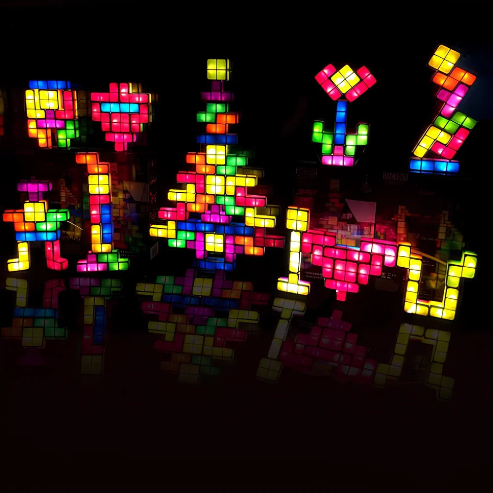 Interactive Tetra Blocks Light - seven colorful stackable LED blocks forming glowing composition 3