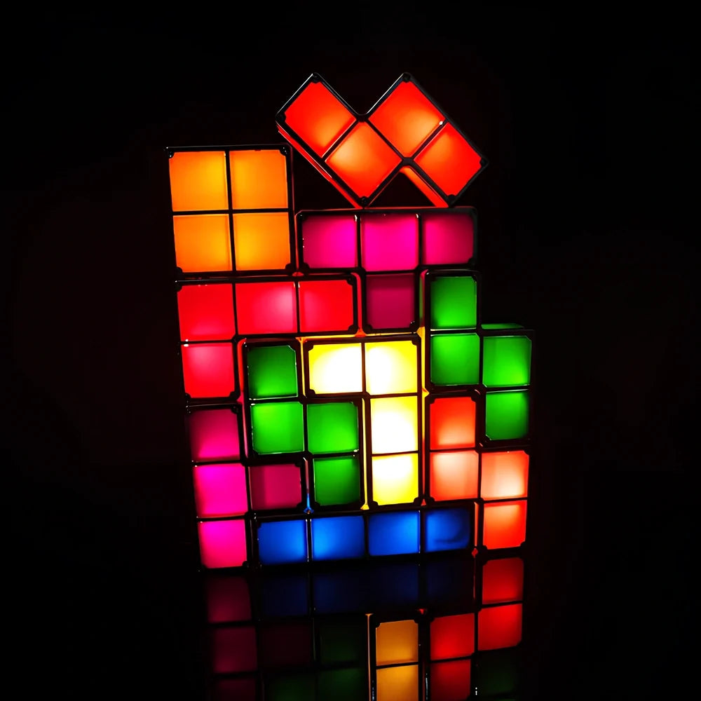 Interactive Tetra Blocks Light - seven colorful stackable LED blocks forming glowing composition 4