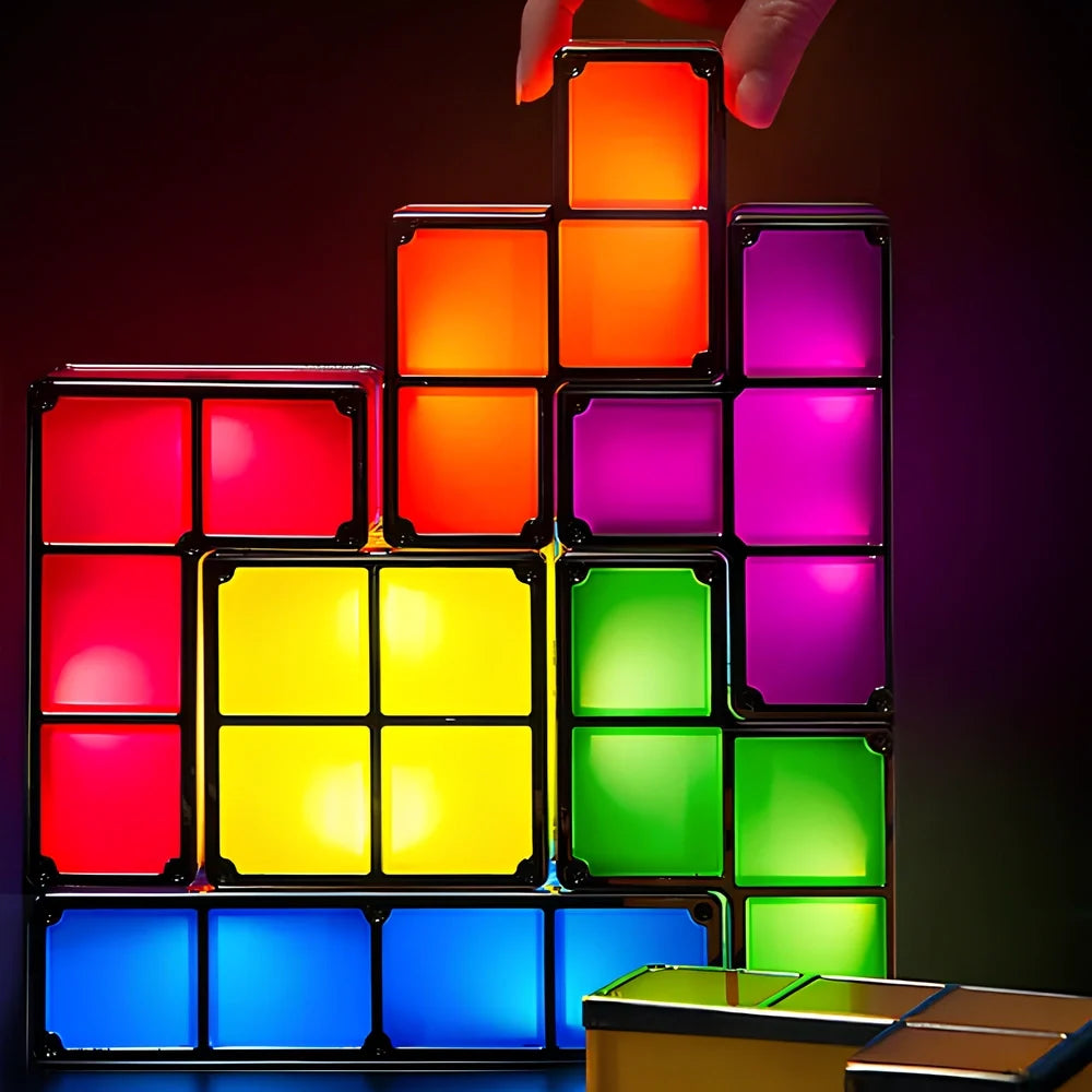 Interactive Tetra Blocks Light - seven colorful stackable LED blocks forming glowing composition 6