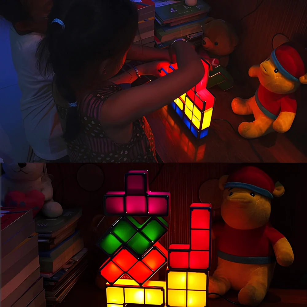 Interactive Tetra Blocks Light - seven colorful stackable LED blocks forming glowing composition 7