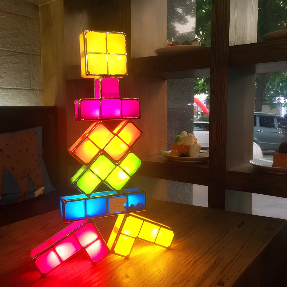 Interactive Tetra Blocks Light - seven colorful stackable LED blocks forming glowing composition 8