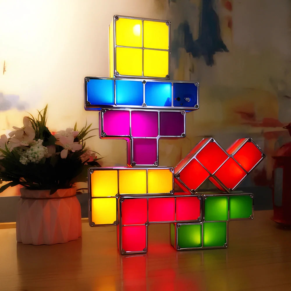 Interactive Tetra Blocks Light - seven colorful stackable LED blocks forming glowing composition 9