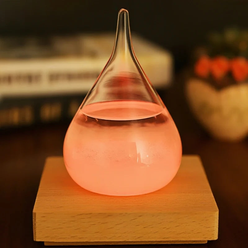 Interactive weather glow display with crystal formation, glass vessel on wooden base with seven-color LED lighting 10