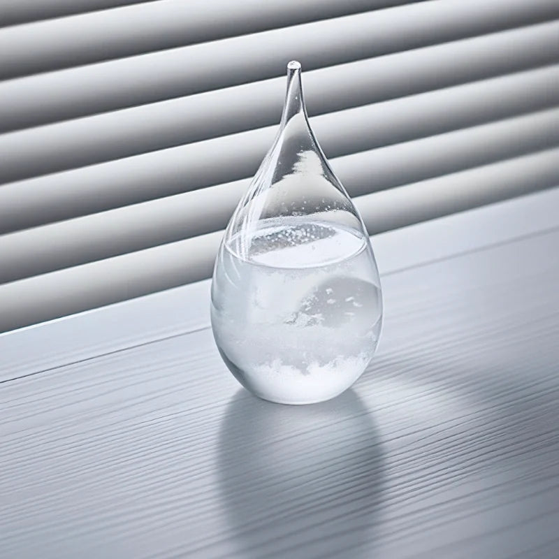 Interactive weather glow display with crystal formation, glass vessel on wooden base with seven-color LED lighting 11