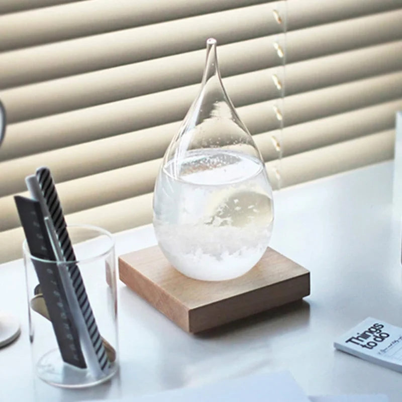 Interactive weather glow display with crystal formation, glass vessel on wooden base with seven-color LED lighting 13