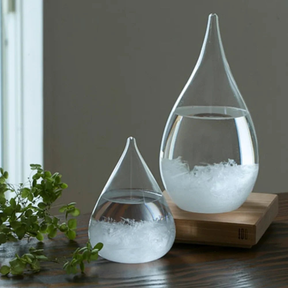 Interactive weather glow display with crystal formation, glass vessel on wooden base with seven-color LED lighting 2