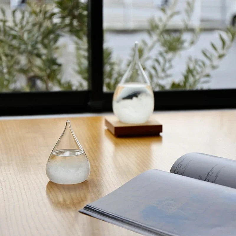 Interactive weather glow display with crystal formation, glass vessel on wooden base with seven-color LED lighting 5