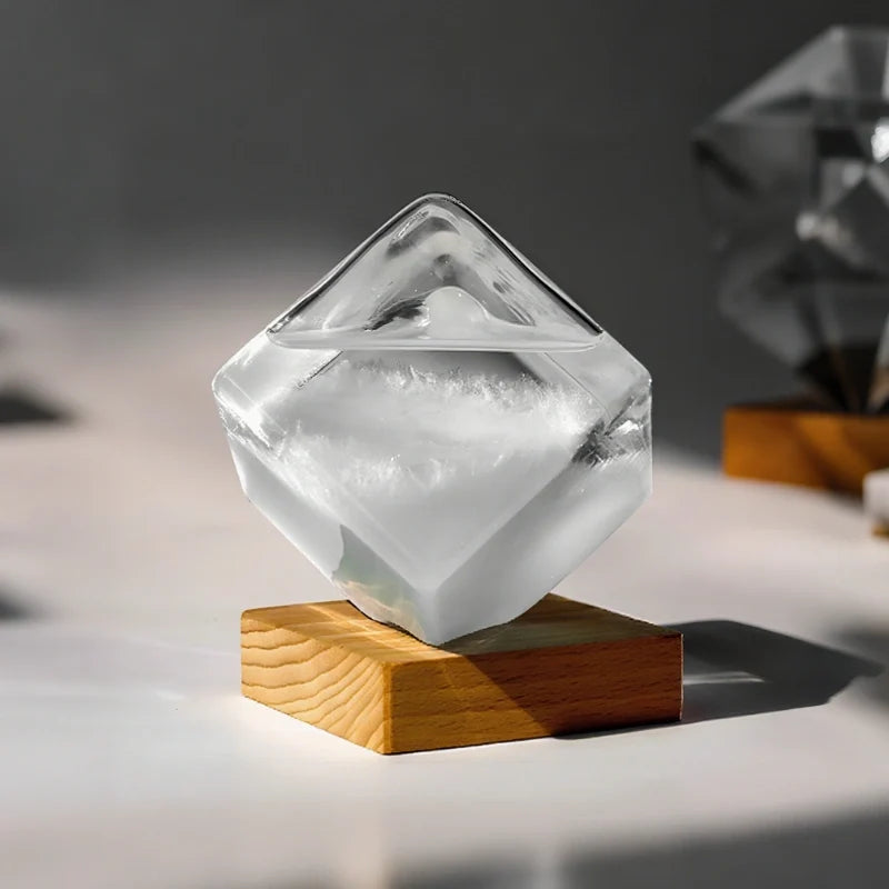 Interactive weather glow display with crystal formation, glass vessel on wooden base with seven-color LED lighting 6