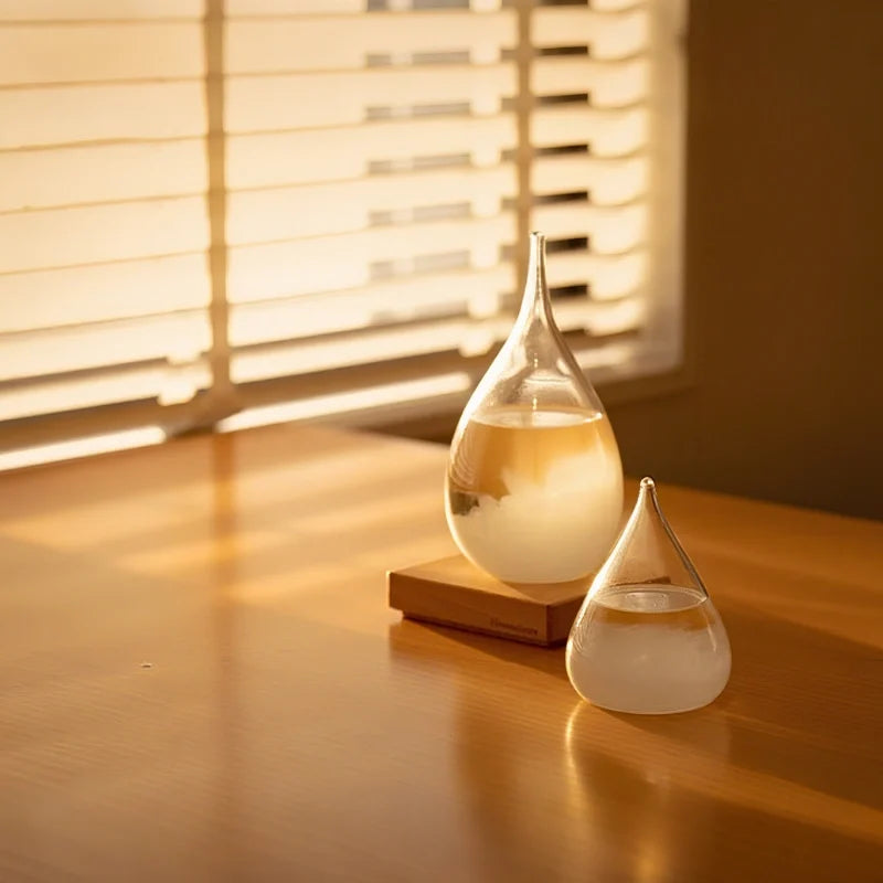 Interactive weather glow display with crystal formation, glass vessel on wooden base with seven-color LED lighting 8