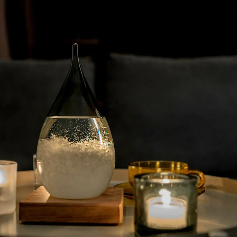 Interactive weather glow display with crystal formation, glass vessel on wooden base with seven-color LED lighting 9