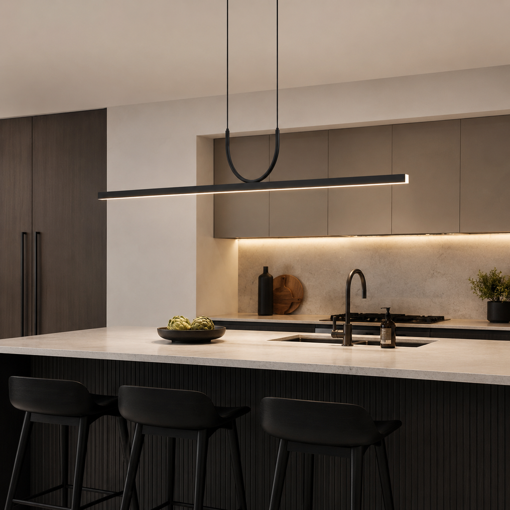 Modern long strip LED pendant light for dining and living spaces.