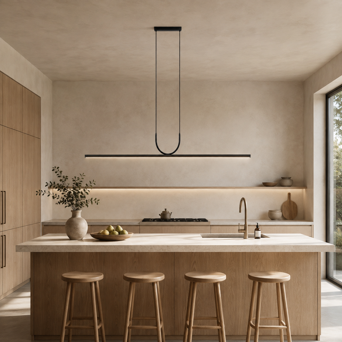 Modern long strip LED pendant light for dining and living spaces. 3