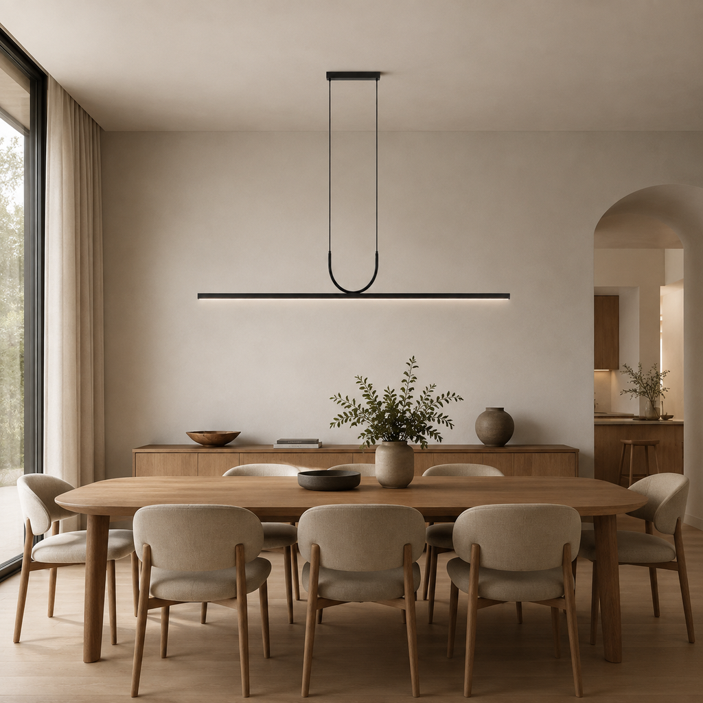 Modern long strip LED pendant light for dining and living spaces. 5