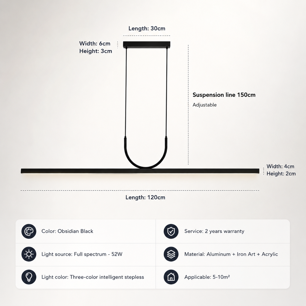 Modern long strip LED pendant light for dining and living spaces. 6