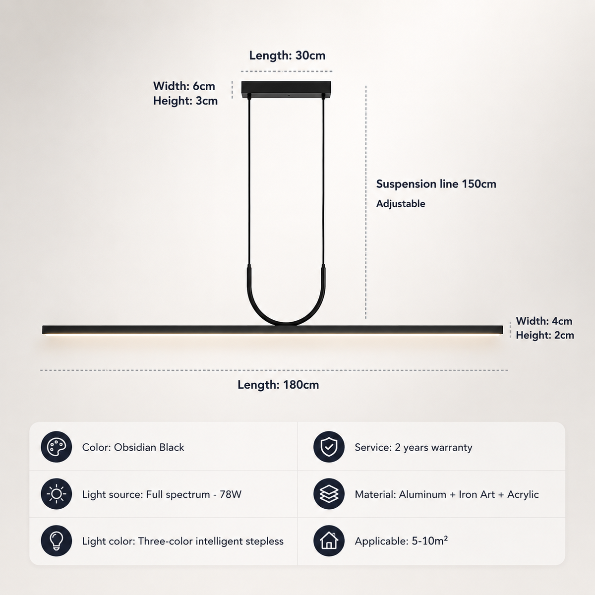Modern long strip LED pendant light for dining and living spaces. 8