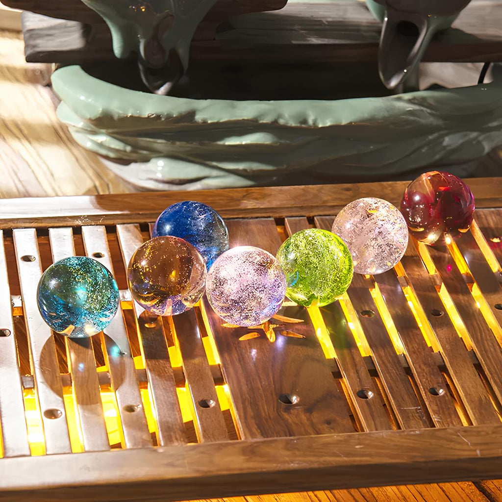 Set of seven luminous crystal galaxy orbs on wooden base with USB-powered LED lighting 2