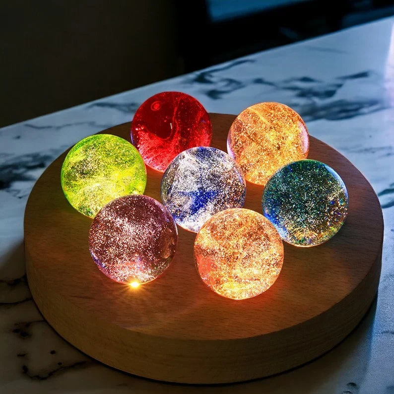 Set of seven luminous crystal galaxy orbs on wooden base with USB-powered LED lighting 6
