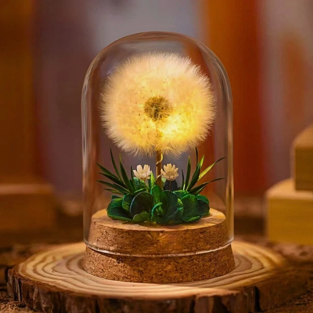Luminous EternaBloom night light with preserved dried flowers in glass dome, warm white ambient glow