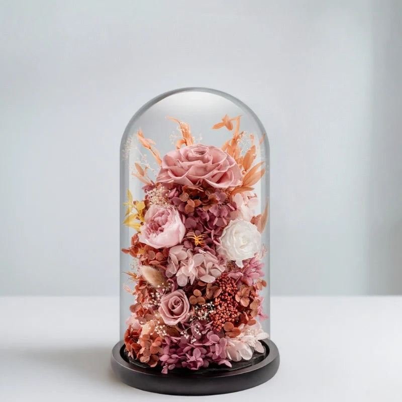Luminous EternaBloom night light with preserved dried flowers in glass dome, warm white ambient glow 10