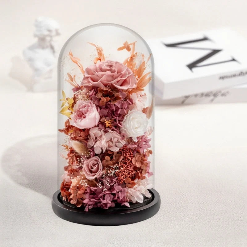 Luminous EternaBloom night light with preserved dried flowers in glass dome, warm white ambient glow 7