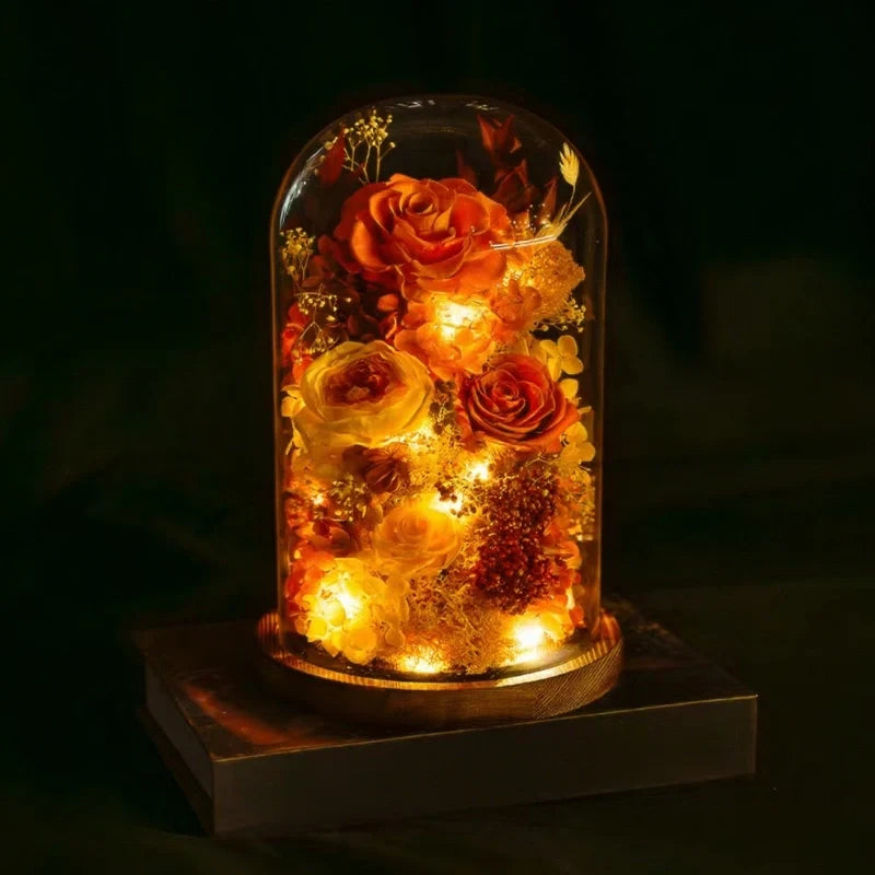 Luminous EternaBloom night light with preserved dried flowers in glass dome, warm white ambient glow 9