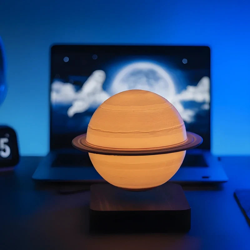 Magnetic levitating planet lamp hovering and rotating above its base with soft ambient glow 11