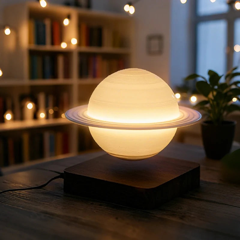 Magnetic levitating planet lamp hovering and rotating above its base with soft ambient glow 9