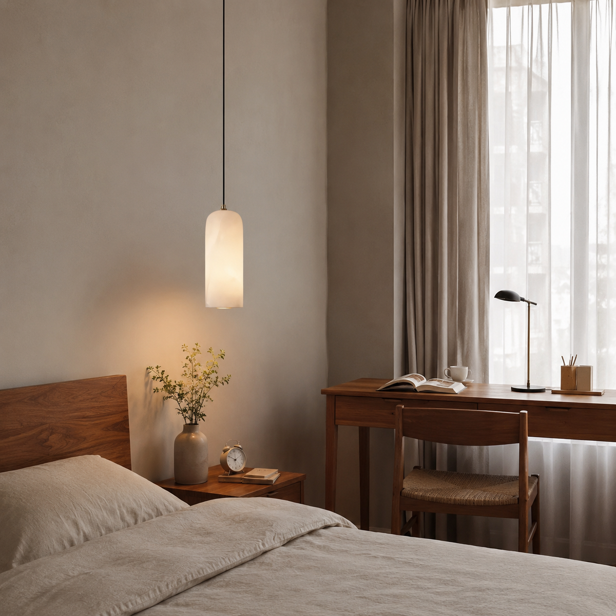 Elegant marble and copper pendant lamp for stylish lighting. 4