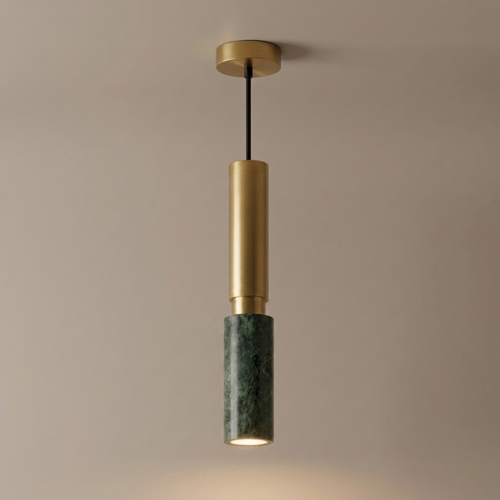 Elegant marble pendant light with natural stone and gold accents.