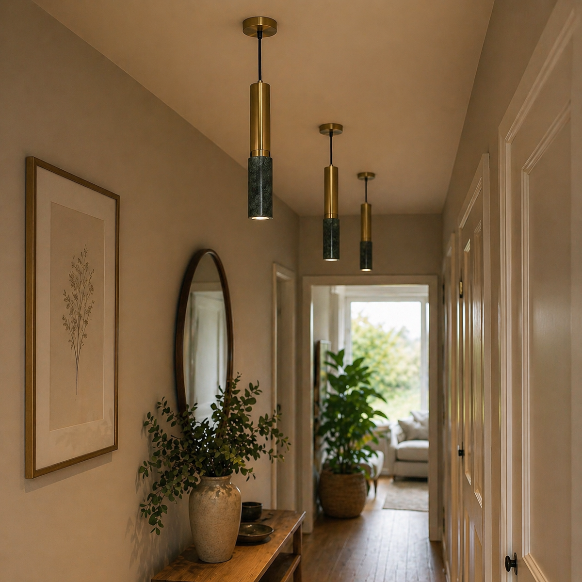 Elegant marble pendant light with natural stone and gold accents. 2