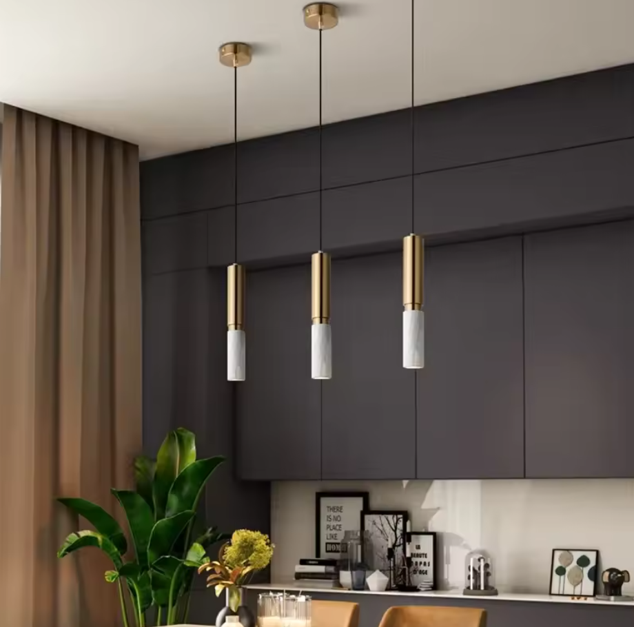 Elegant marble pendant light with natural stone and gold accents. 3