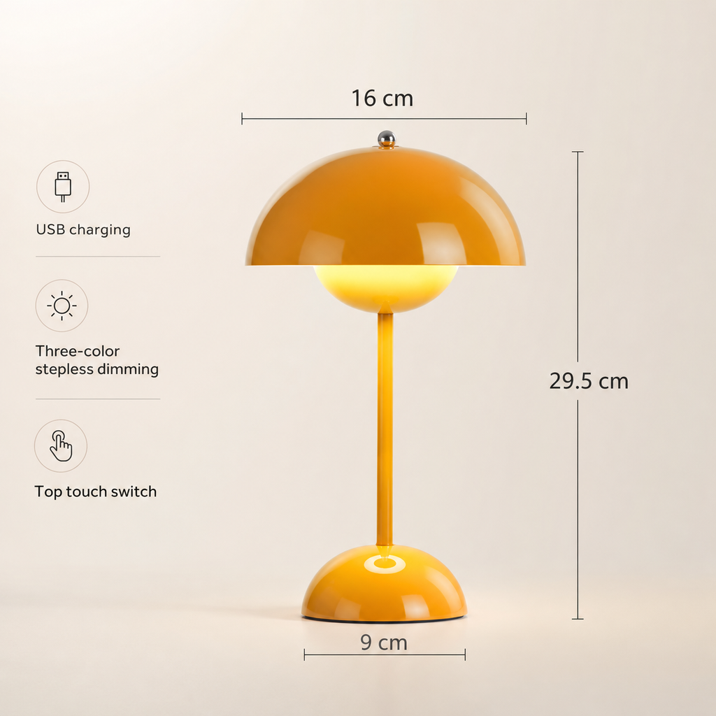 Stylish cordless table lamp with a rounded bud-like dome and touch control. 10